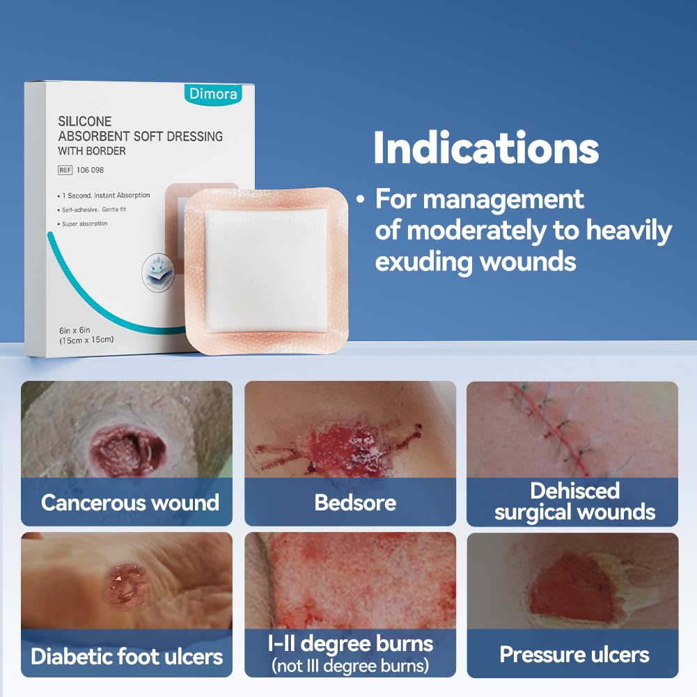 Dimora Silicone Super Absorbent Wound Dressings - Gentle Adhesive Bandages with Ultrasorb Polymer,Heavy Exudate Wound Care Pads 6"X 6" 10 Packs - Image 7