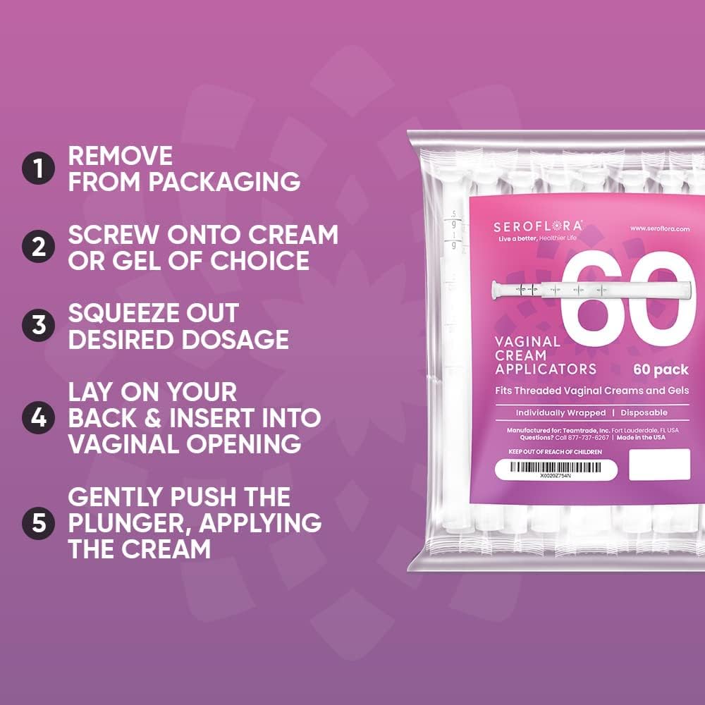 Seroflora Disposable Vaginal Cream Applicators - Fits Preseed, Premarin, Estrace, and Most OTC Gels, Lubricants, and Creams - Threaded End, Comfort Tip, and Dosage Markings (60 Pack) Made in USA. - Image 7