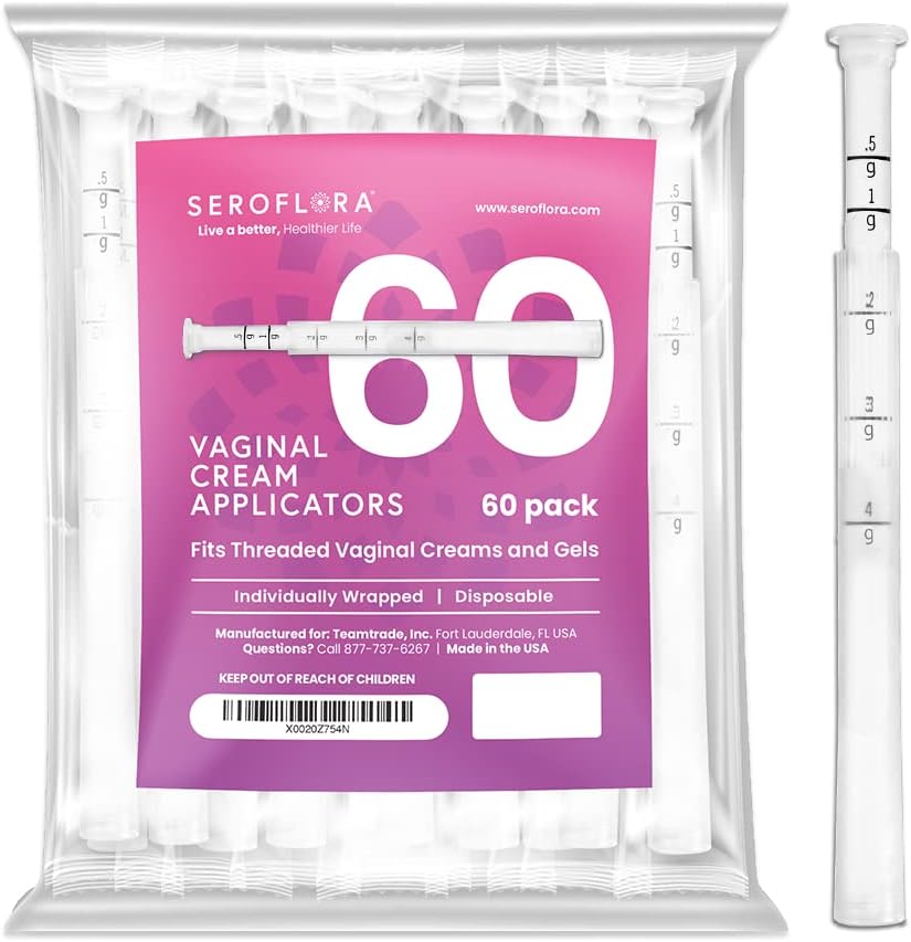 Seroflora Disposable Vaginal Cream Applicators - Fits Preseed, Premarin, Estrace, and Most OTC Gels, Lubricants, and Creams - Threaded End, Comfort Tip, and Dosage Markings (60 Pack) Made in USA.