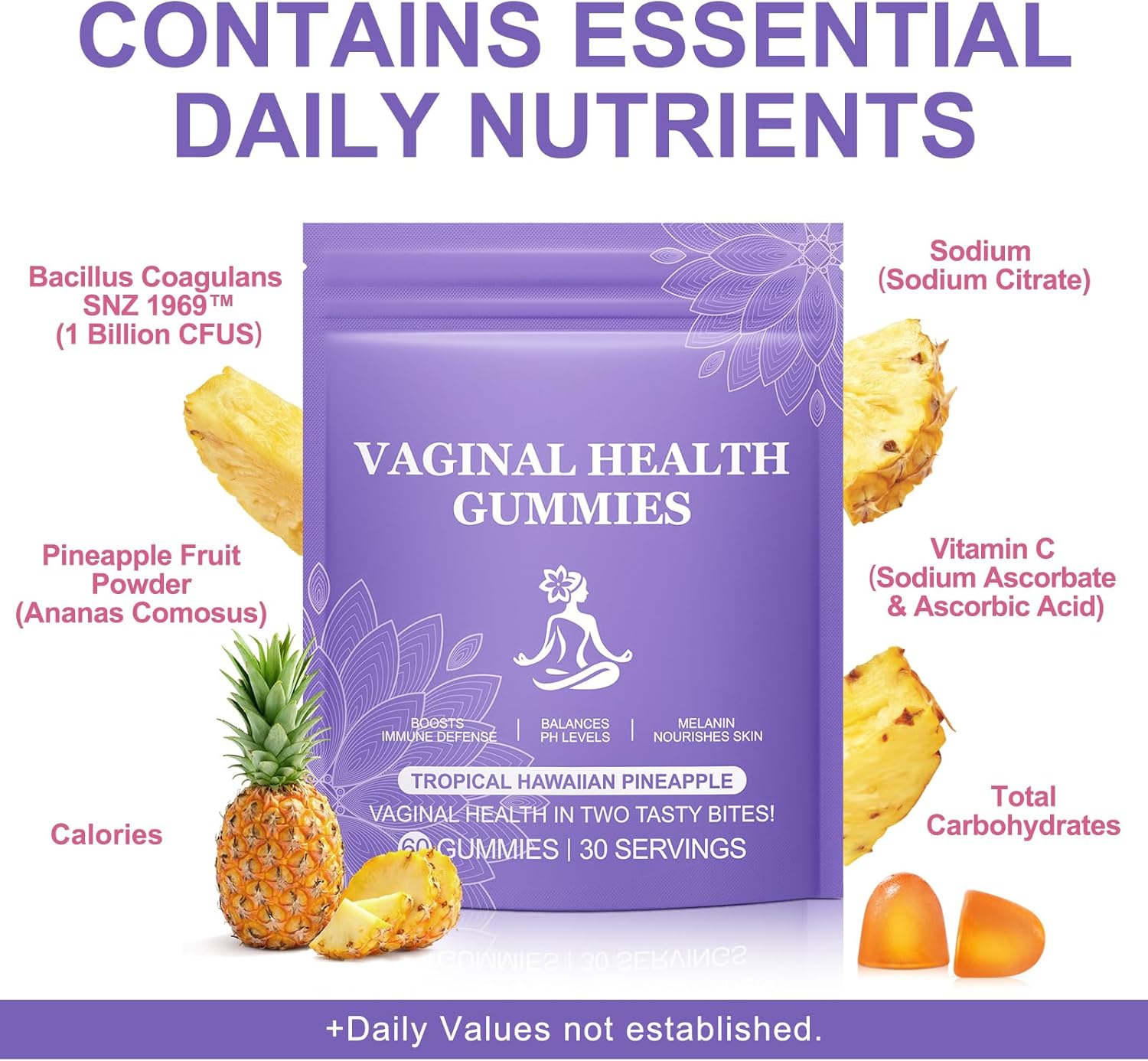 Premium Feminine Balance Gummies,Vital Vaginal Probiotics Source Feminine Gummies,Pineapple Flavor for Women ph,for Women of All Ages - Probiotics for Digestion, Gut Health, Immune Support - Image 2