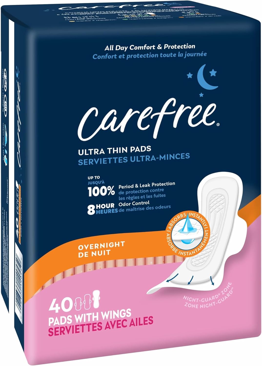 Carefree Ultra Thin Pads for Women, Overnight with Wings | Feminine Care & Postpartum Protection | 40ct (Pack of 1) - Image 2