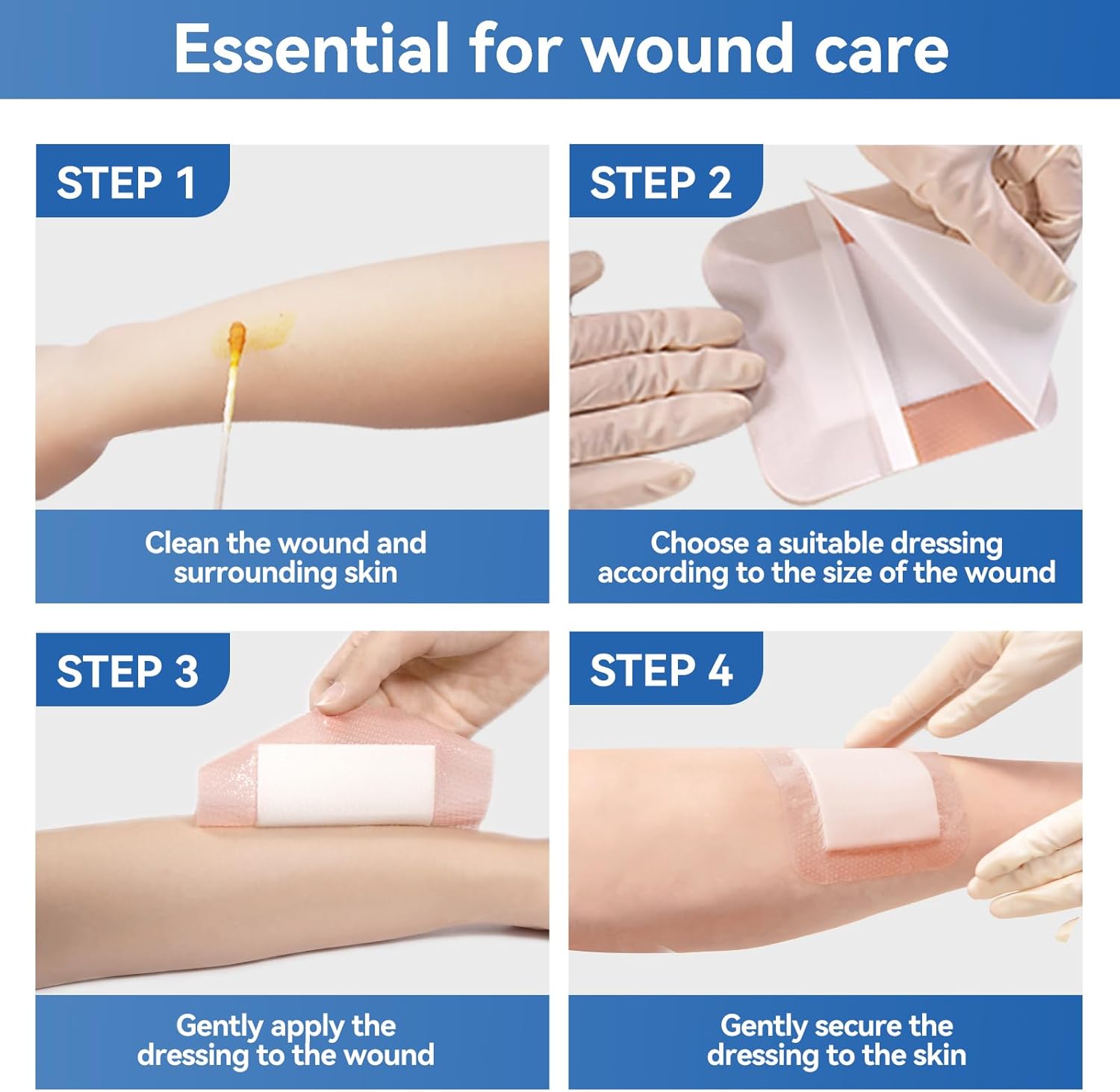 Silicone Super Absorbent Wound Dressing-4"× 4" Self-Adhesive Bandages for Wound Care, FSA HSA Eligible, Ultra Soft Wound Pads for Bed Sores Leg Ulcers Burns, 10 - Image 8