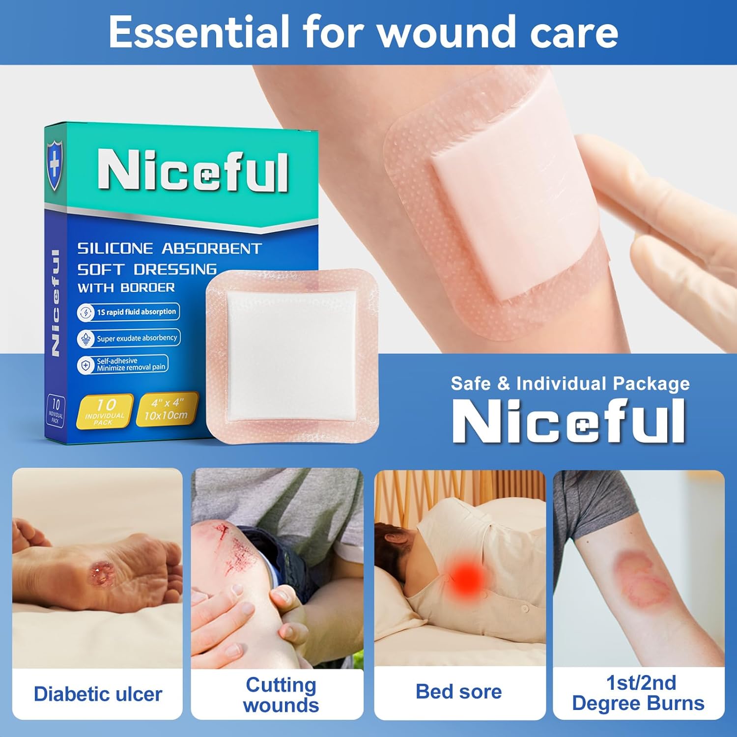 Silicone Super Absorbent Wound Dressing-4"× 4" Self-Adhesive Bandages for Wound Care, FSA HSA Eligible, Ultra Soft Wound Pads for Bed Sores Leg Ulcers Burns, 10 - Image 6