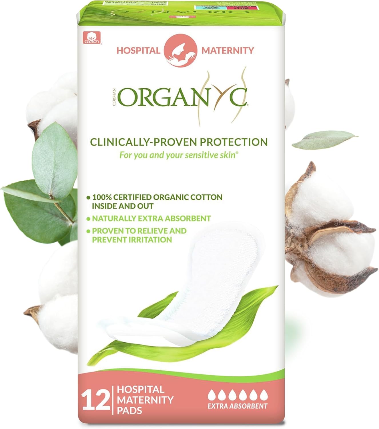 Organyc Hospital Postpartum Pads, 100% Certified Organic Cotton Inside and Out for Women, for First Days After Delivery, 12 Counts