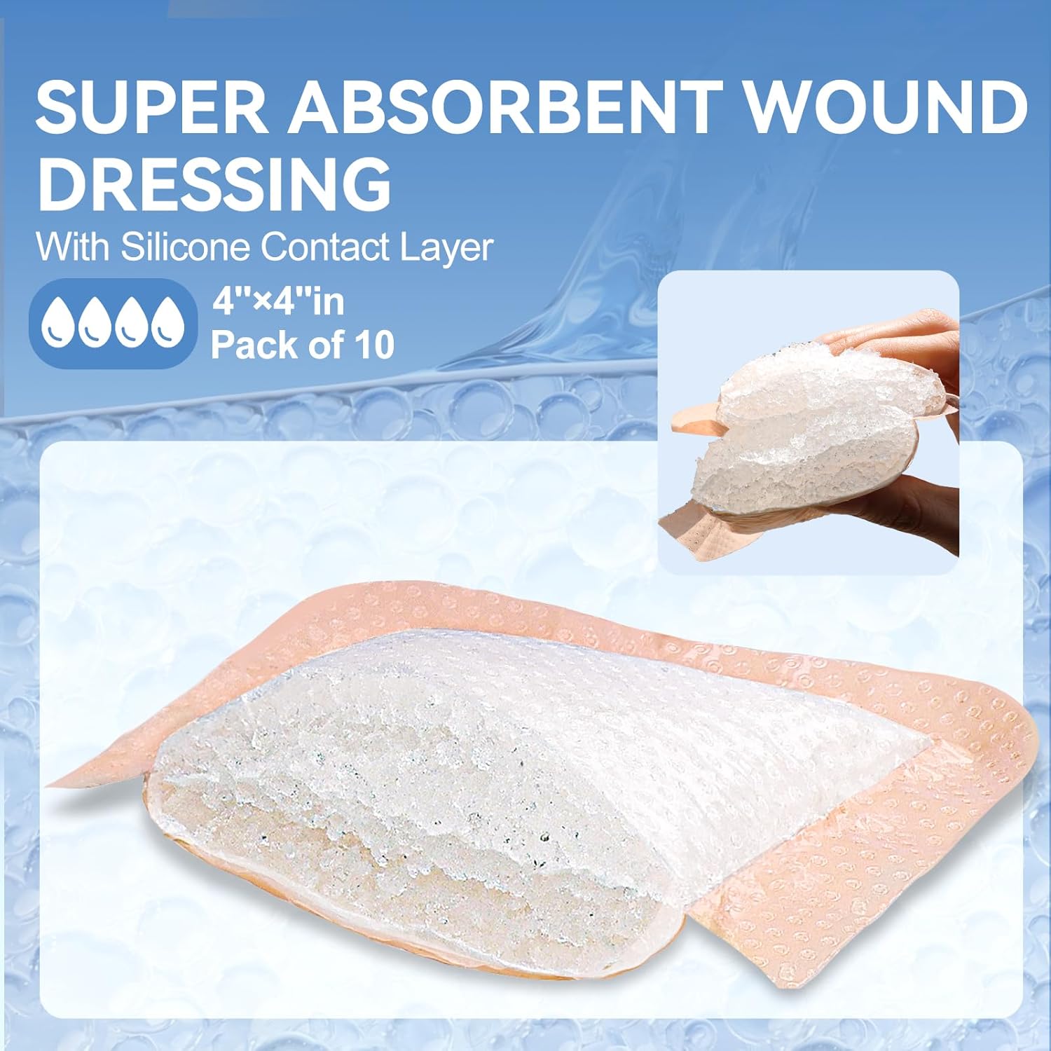 Silicone Super Absorbent Wound Dressing-4"× 4" Self-Adhesive Bandages for Wound Care, FSA HSA Eligible, Ultra Soft Wound Pads for Bed Sores Leg Ulcers Burns, 10 - Image 3