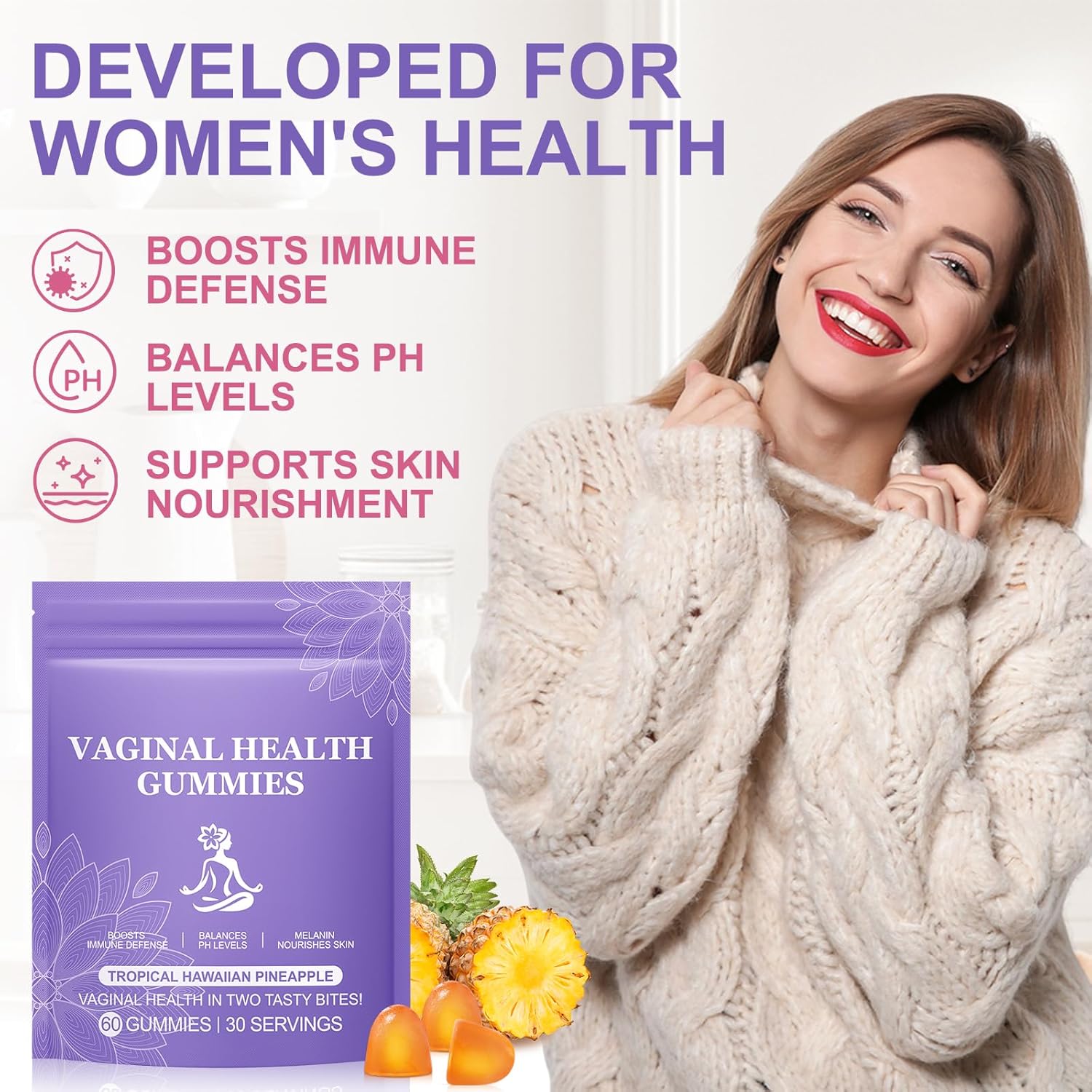 Premium Feminine Balance Gummies,Vital Vaginal Probiotics Source Feminine Gummies,Pineapple Flavor for Women ph,for Women of All Ages - Probiotics for Digestion, Gut Health, Immune Support - Image 6