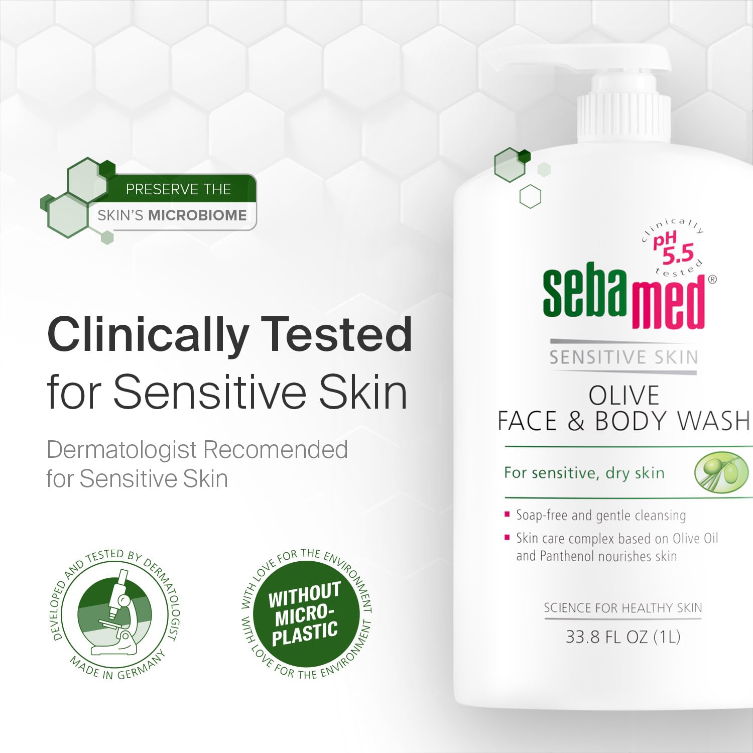 Sebamed Olive Face and Body Wash With Pump for Sensitive and Delicate Skin pH 5.5 Ultra Mild Dermatologist Recommended Cleanser 33.8 Fluid Ounces (1 Liter) - Image 6