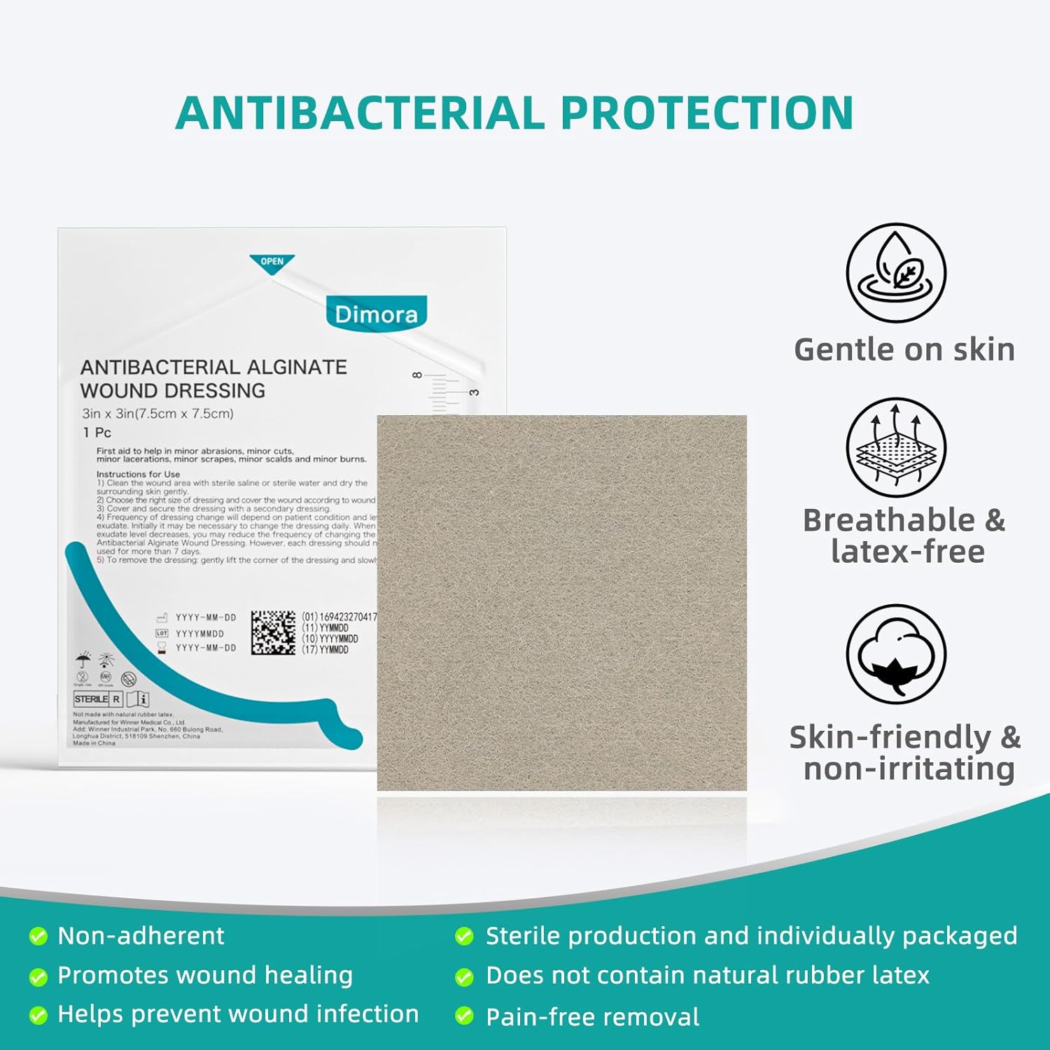 Dimora Upgrade Silver Calcium Alginate Wound Dressing -Antibacterial Non Stick Gauze for Wounds Care, Highly Absorbent Sterile Bandage Pads with Ag, 2'' x 2'' Patches 12 Packs Individual - Image 4