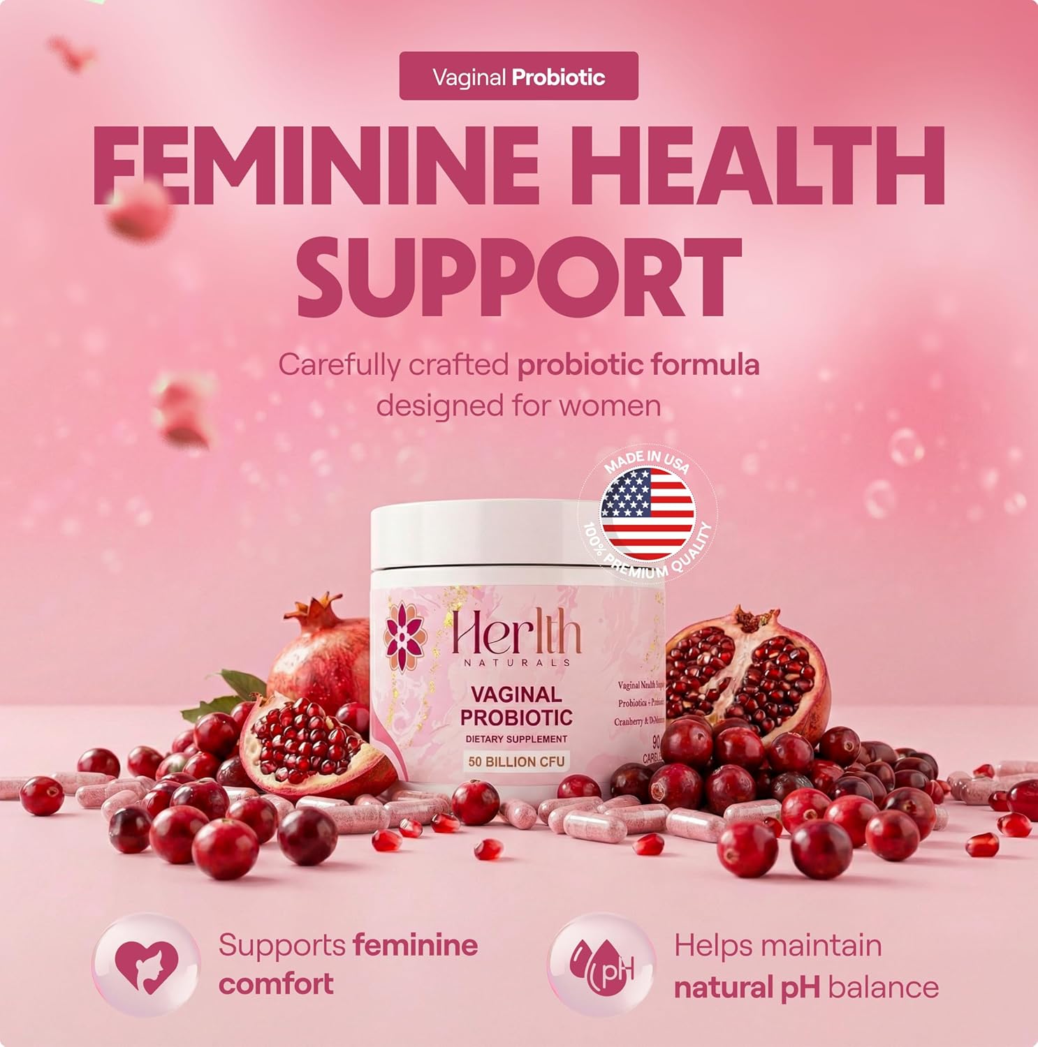 Vaginal Probiotics for Women – pH Balance & Vaginal Flora Support – Women’s Synbiotic with Probiotics & Prebiotics, Lactobacillus Blend & Cranberry – 90 Capsules - Image 2