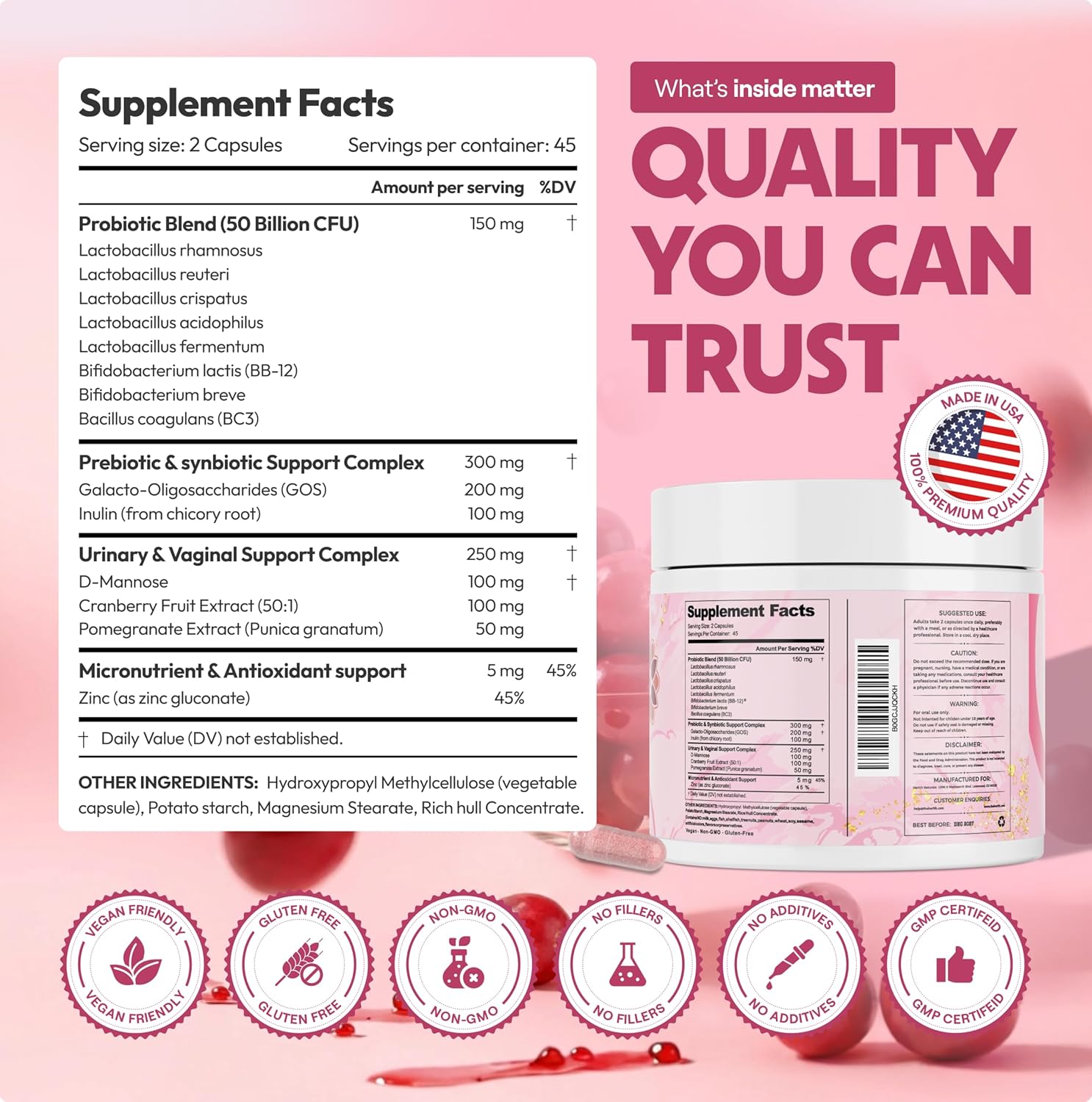 Vaginal Probiotics for Women – pH Balance & Vaginal Flora Support – Women’s Synbiotic with Probiotics & Prebiotics, Lactobacillus Blend & Cranberry – 90 Capsules - Image 7