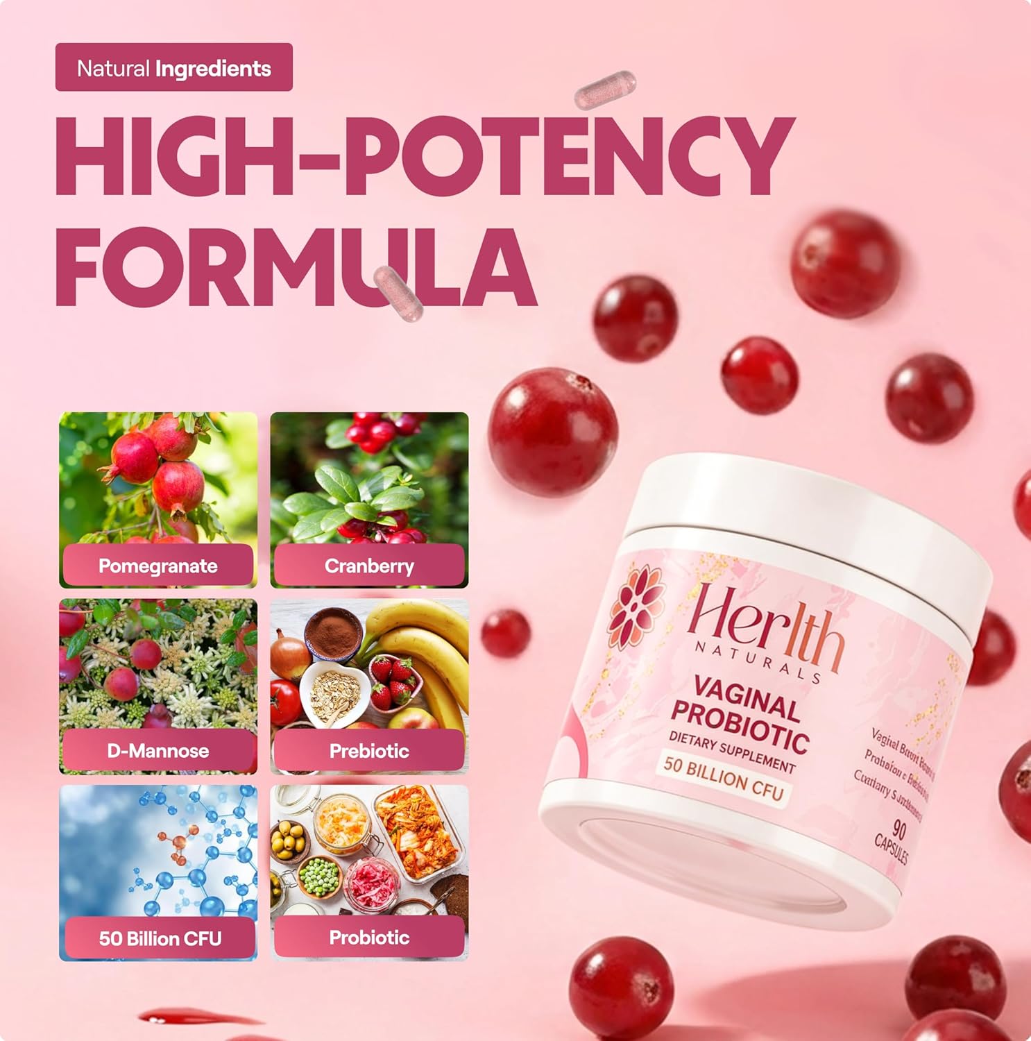 Vaginal Probiotics for Women – pH Balance & Vaginal Flora Support – Women’s Synbiotic with Probiotics & Prebiotics, Lactobacillus Blend & Cranberry – 90 Capsules - Image 4