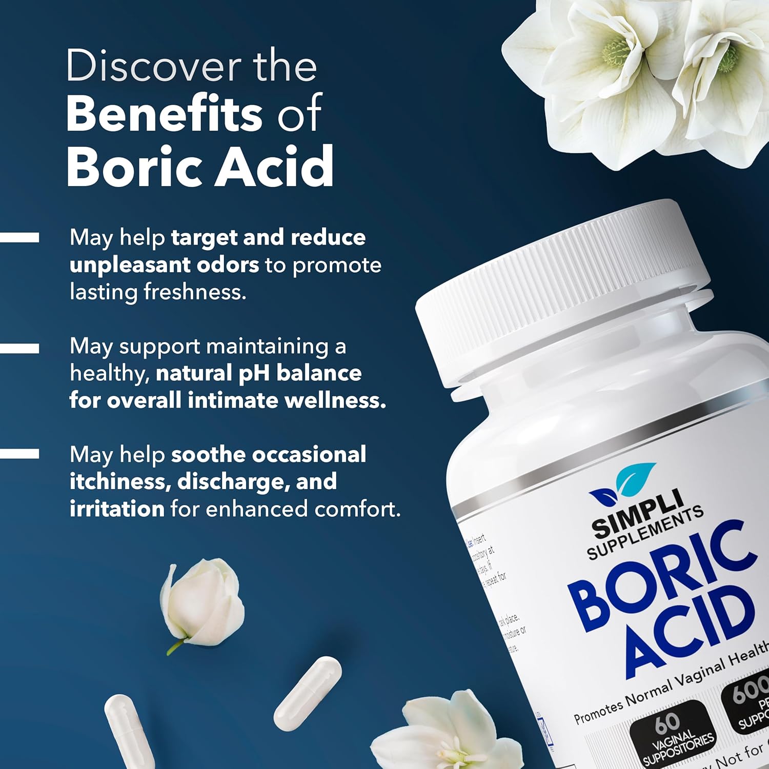 Simpli Supplements Boric Acid Suppositories for Women 600mg – 60 Count | Vaginal pH Balance Support | Feminine Care | Helps Maintain Freshness & Odor Control - Image 4