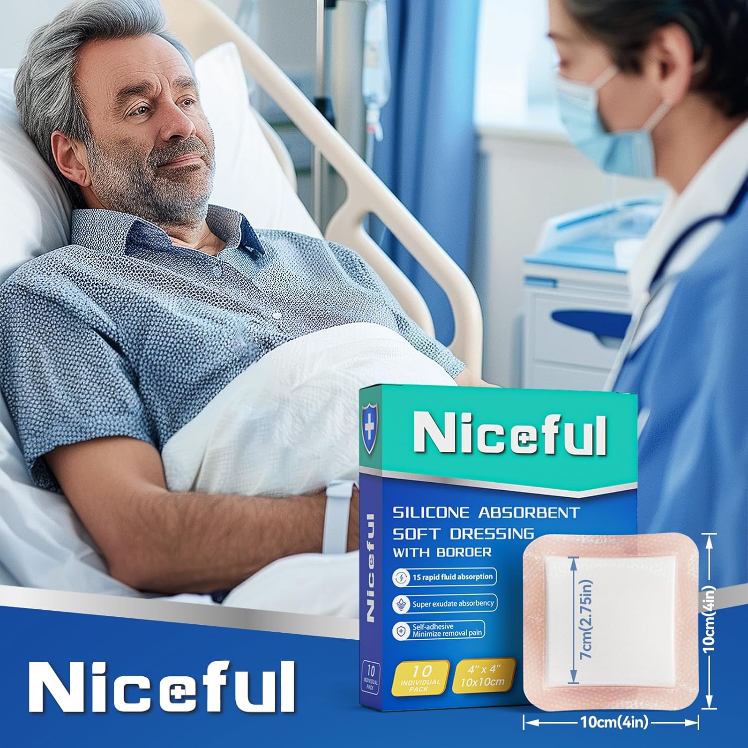 Silicone Super Absorbent Wound Dressing-4"× 4" Self-Adhesive Bandages for Wound Care, FSA HSA Eligible, Ultra Soft Wound Pads for Bed Sores Leg Ulcers Burns, 10 - Image 5